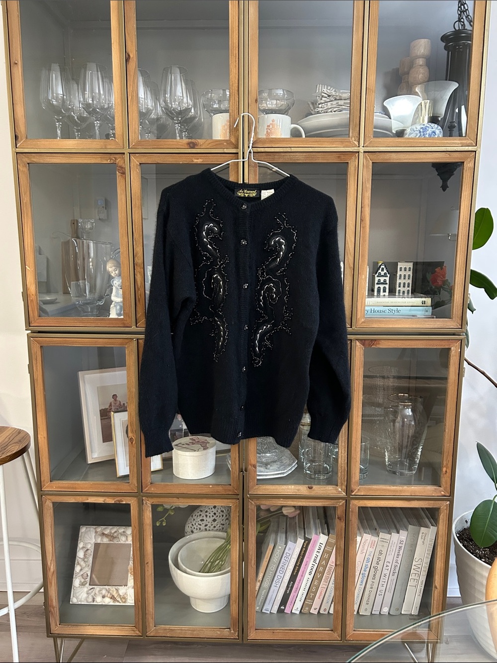 Vintage Au Courant Black Angora Wool Beaded Women's Cardigan Sweater
